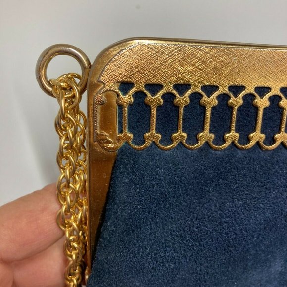 👜 Triangle New York Vintage Blue Suede Gold Tone - Picture 6 of 12